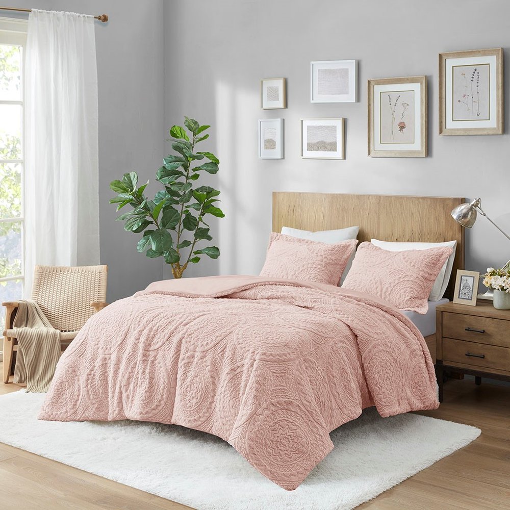 Set of Three Blush Medallion Twin Ring Stitch Polyester Sham And Comforter HomeRoots