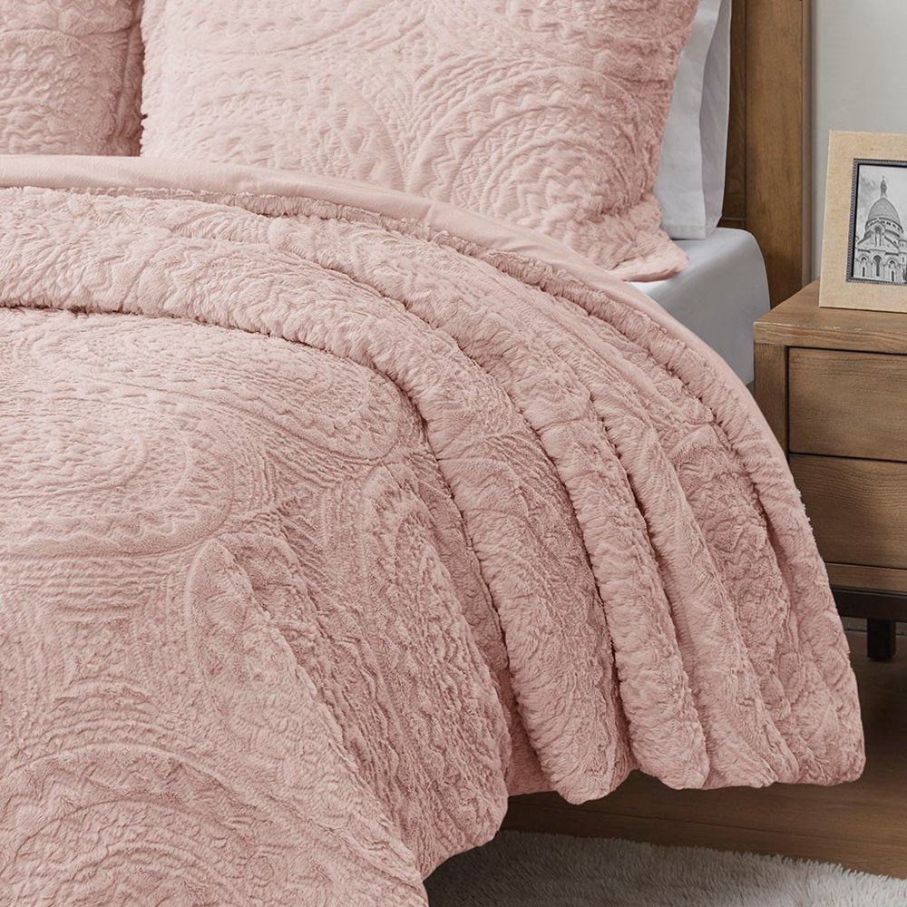 Set of Three Blush Medallion Twin Ring Stitch Polyester Sham And Comforter HomeRoots