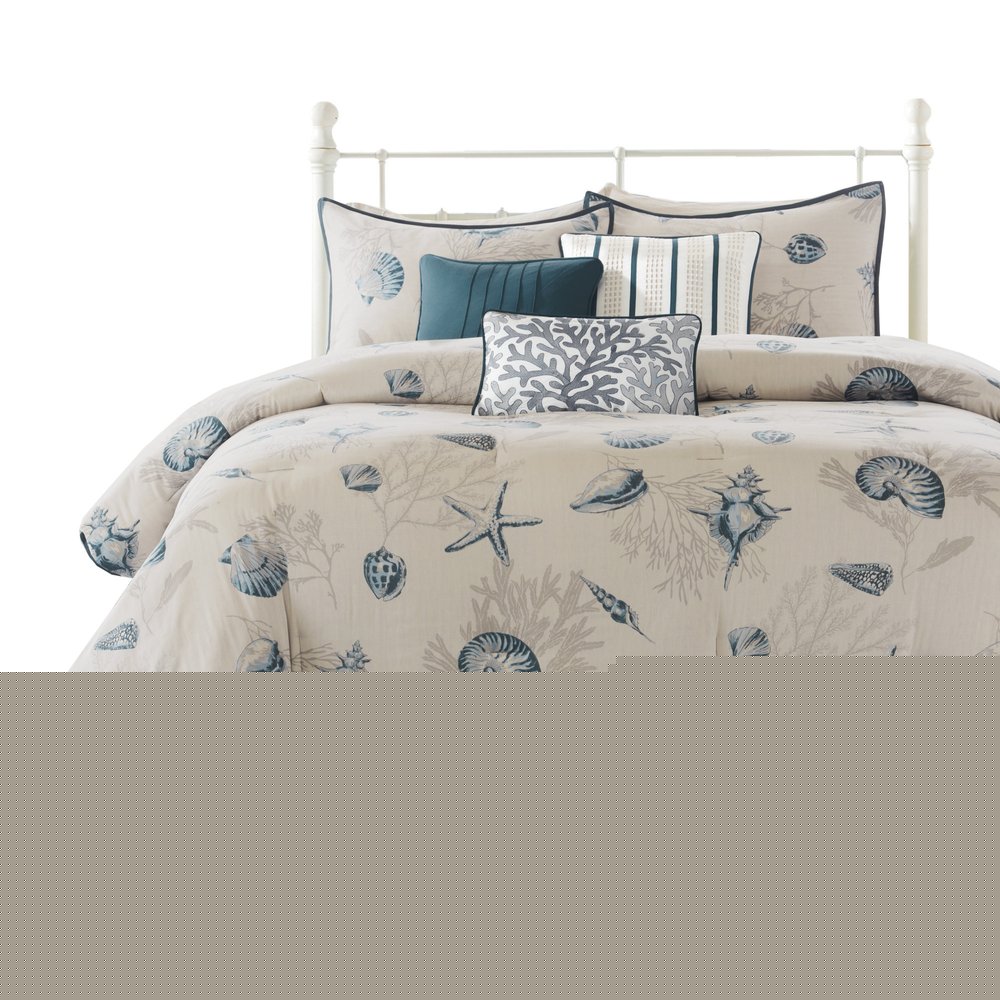 Set of Seven Blue And Ivory King Ring Stitch Sham And Comforter HomeRoots