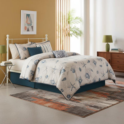 Set of Seven Blue And Ivory King Ring Stitch Sham And Comforter HomeRoots