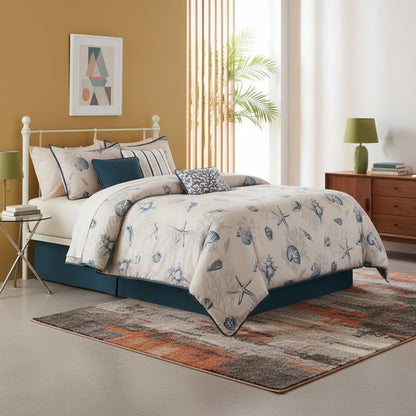 Set of Seven Blue And Ivory King Ring Stitch Sham And Comforter HomeRoots