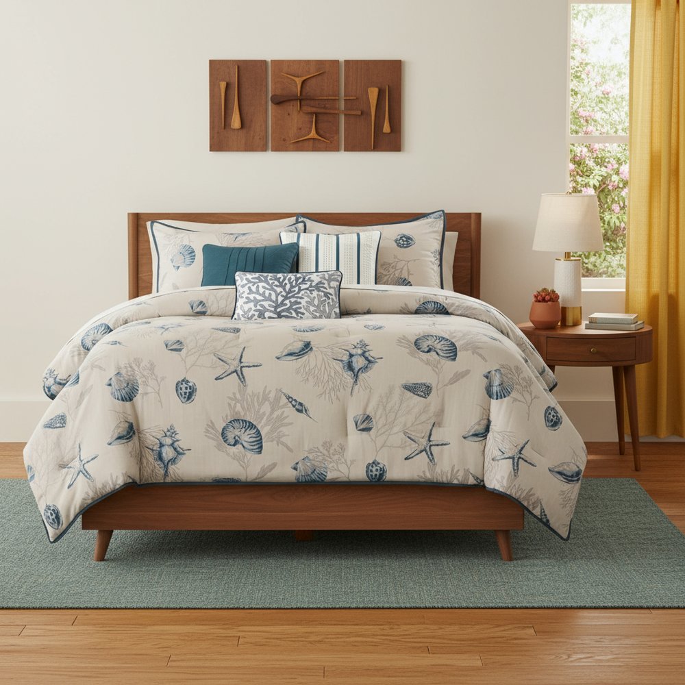 Set of Seven Blue And Ivory King Ring Stitch Sham And Comforter HomeRoots