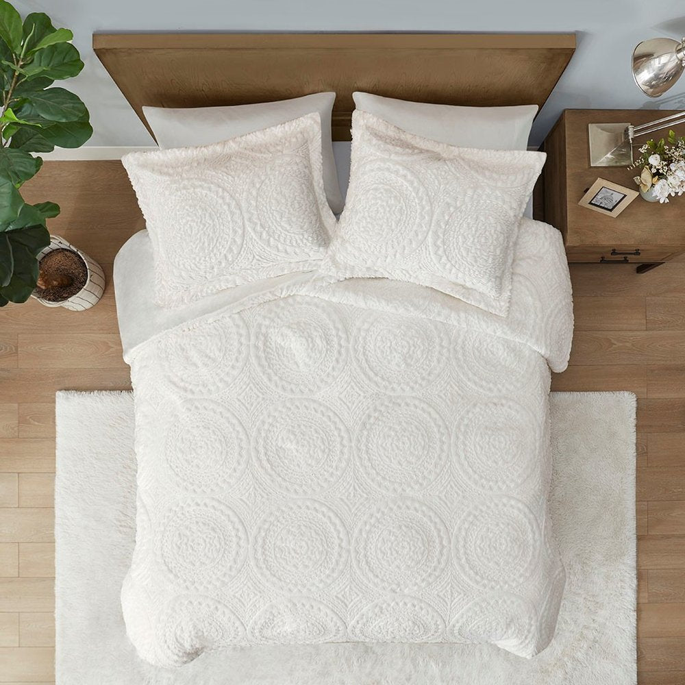 Set of Two Ivory Medallion Twin Ring Stitch Polyester Sham And Comforter HomeRoots