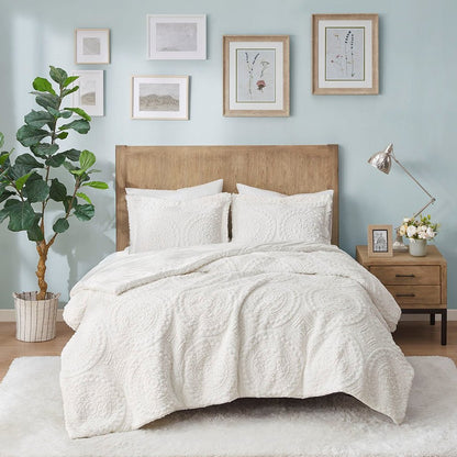 Set of Two Ivory Medallion Twin Ring Stitch Polyester Sham And Comforter HomeRoots