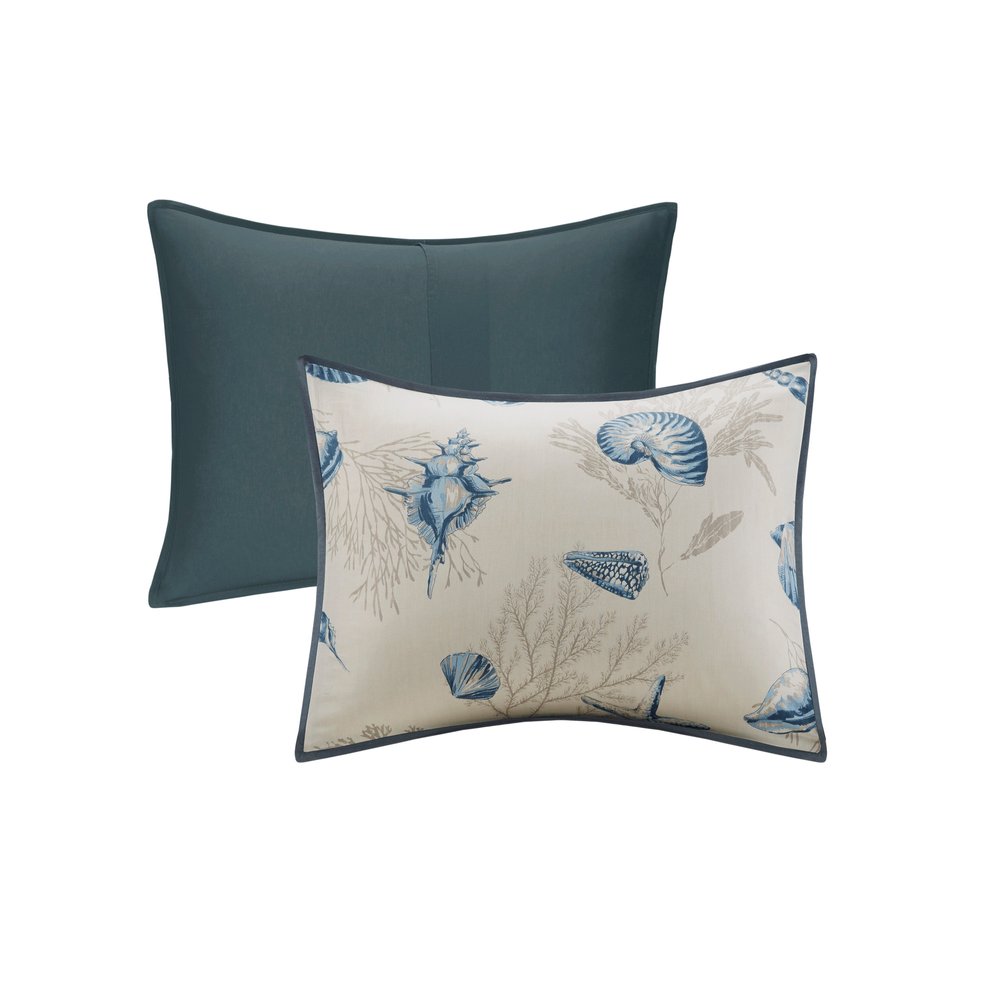 Set of Seven Blue And Ivory Shells and Starfish King Ring Stitch Comforter And Sham HomeRoots