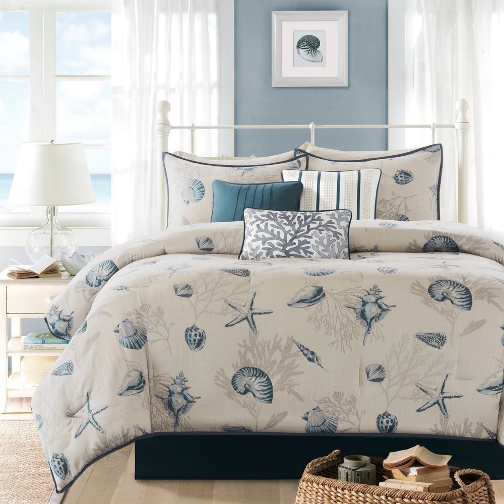 Set of Seven Blue And Ivory Shells and Starfish King Ring Stitch Comforter And Sham HomeRoots