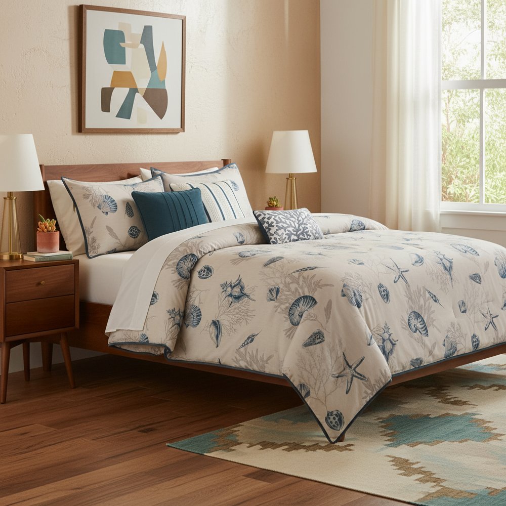 Set of Seven Blue And Ivory Shells and Starfish King Ring Stitch Comforter And Sham HomeRoots