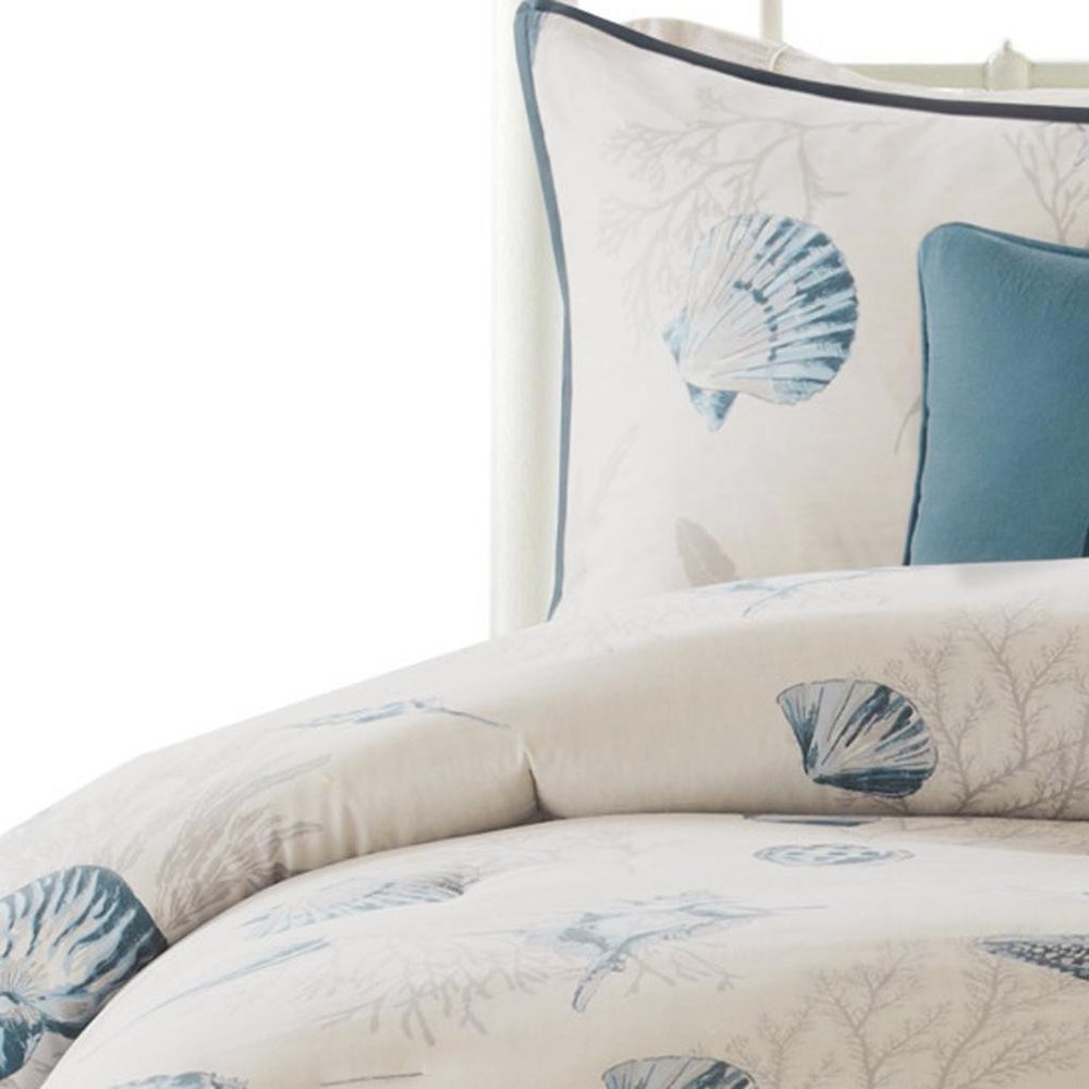 Set of Seven Blue And Ivory Shells and Starfish King Ring Stitch Comforter And Sham HomeRoots