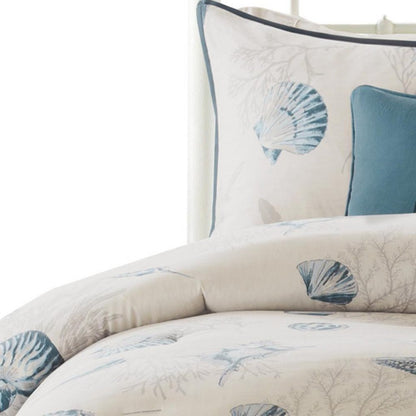 Set of Seven Blue And Ivory Shells and Starfish King Ring Stitch Comforter And Sham HomeRoots