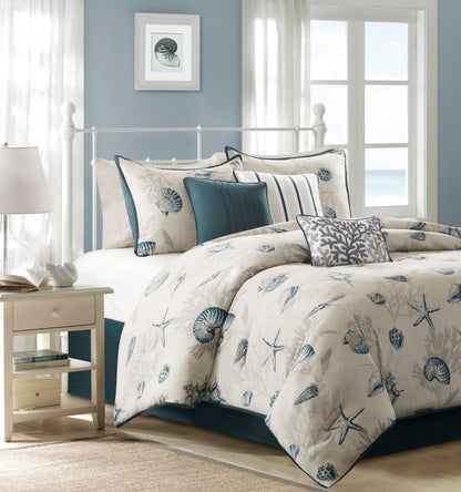Set of Seven Blue And Ivory Shells and Starfish King Ring Stitch Comforter And Sham HomeRoots
