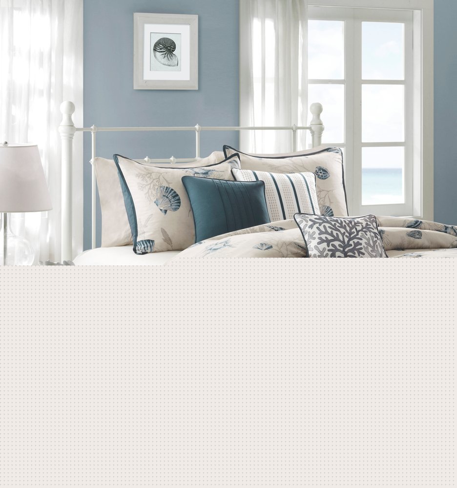 Set of Seven Blue And Ivory Shells and Starfish King Ring Stitch Comforter And Sham HomeRoots