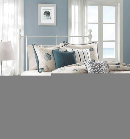 Set of Seven Blue And Ivory Shells and Starfish King Ring Stitch Comforter And Sham HomeRoots