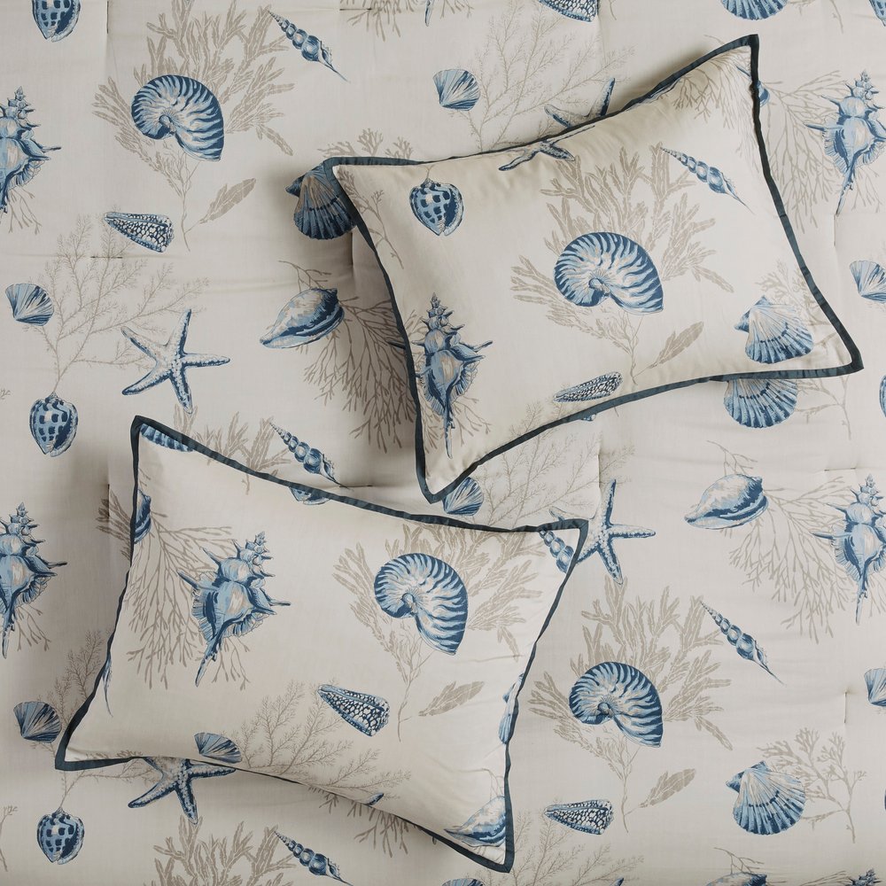 Set of Seven Blue And Ivory Shells and Starfish King Ring Stitch Comforter And Sham HomeRoots