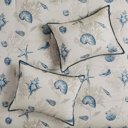 Set of Seven Blue And Ivory Shells and Starfish King Ring Stitch Comforter And Sham HomeRoots
