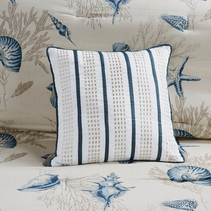 Set of Seven Blue And Ivory Shells and Starfish King Ring Stitch Comforter And Sham HomeRoots