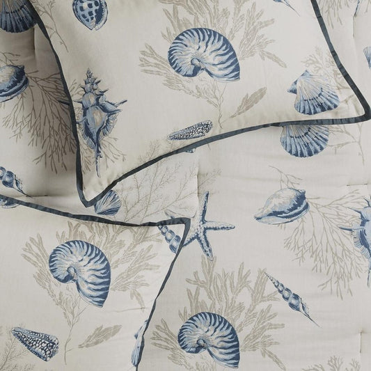 Set of Seven Blue And Ivory Shells and Starfish King Ring Stitch Comforter And Sham HomeRoots