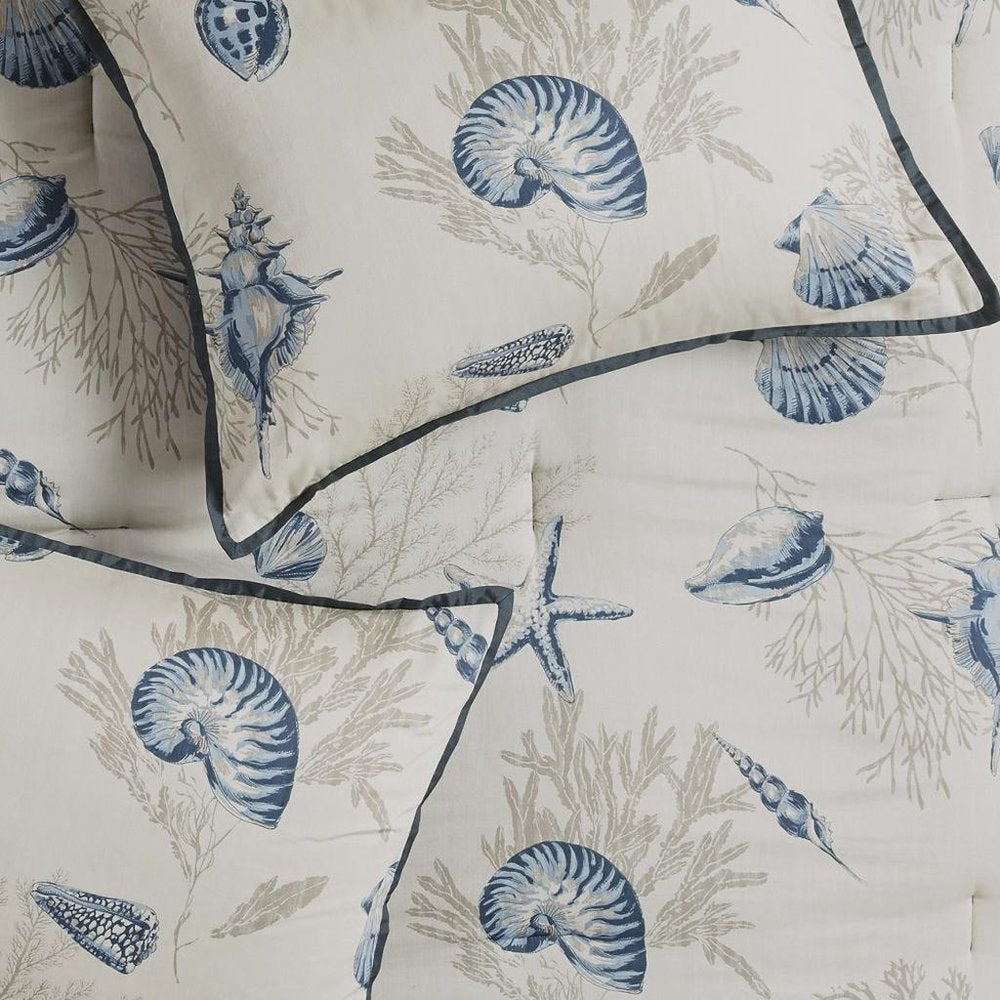 Set of Seven Blue And Ivory Shells and Starfish King Ring Stitch Comforter And Sham HomeRoots
