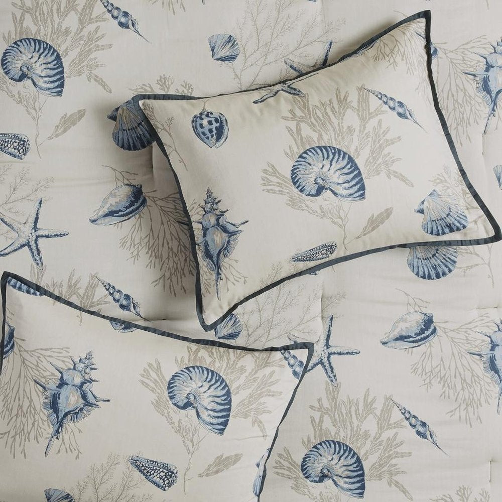 Set of Seven Blue And Ivory Shells and Starfish King Ring Stitch Comforter And Sham HomeRoots