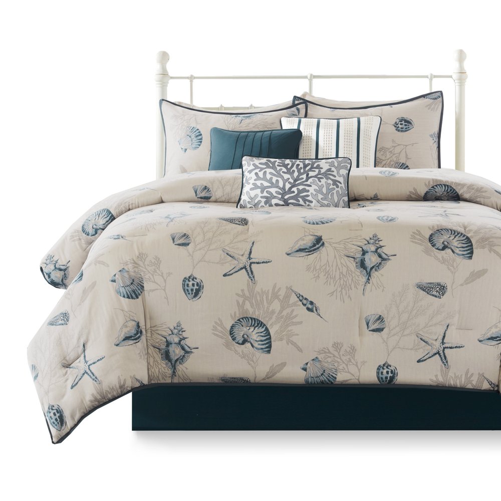 Set of Seven Blue And Ivory Queen Ring Stitch Sham And Comforter HomeRoots