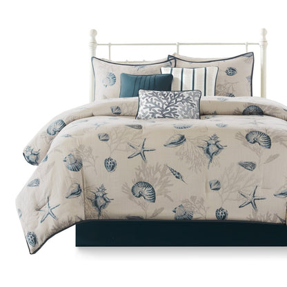 Set of Seven Blue And Ivory Queen Ring Stitch Sham And Comforter HomeRoots