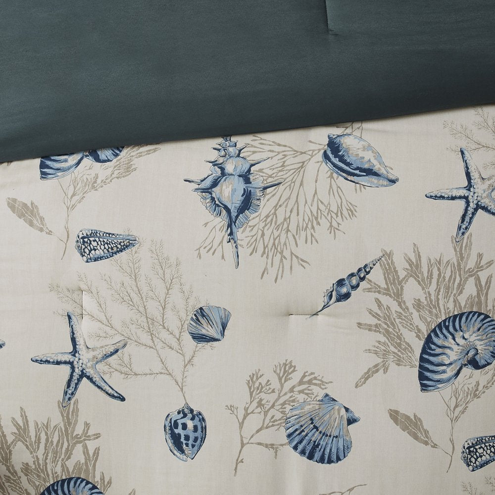 Set of Seven Blue And Ivory Queen Ring Stitch Sham And Comforter HomeRoots