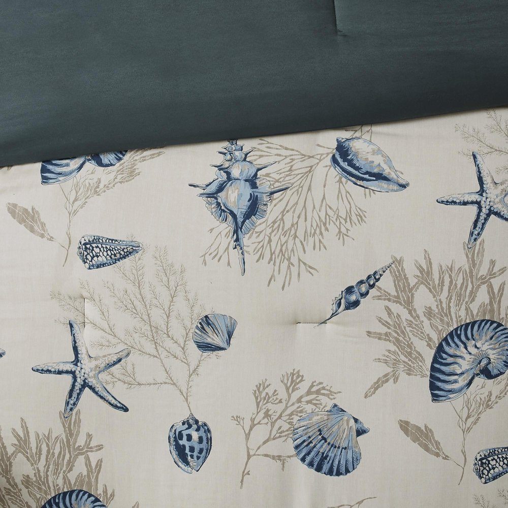 Set of Seven Blue And Ivory Queen Ring Stitch Sham And Comforter HomeRoots