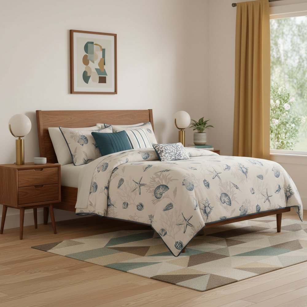 Set of Seven Blue And Ivory Queen Ring Stitch Sham And Comforter HomeRoots