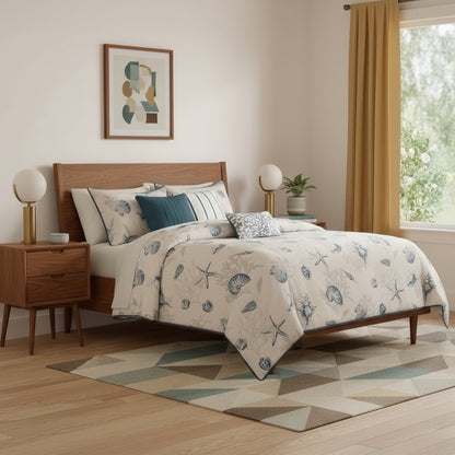 Set of Seven Blue And Ivory Queen Ring Stitch Sham And Comforter HomeRoots