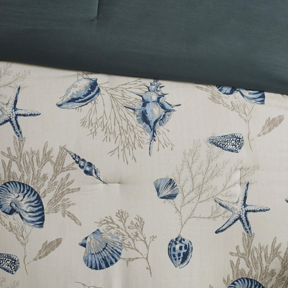 Set of Seven Blue And Ivory Queen Ring Stitch Sham And Comforter HomeRoots
