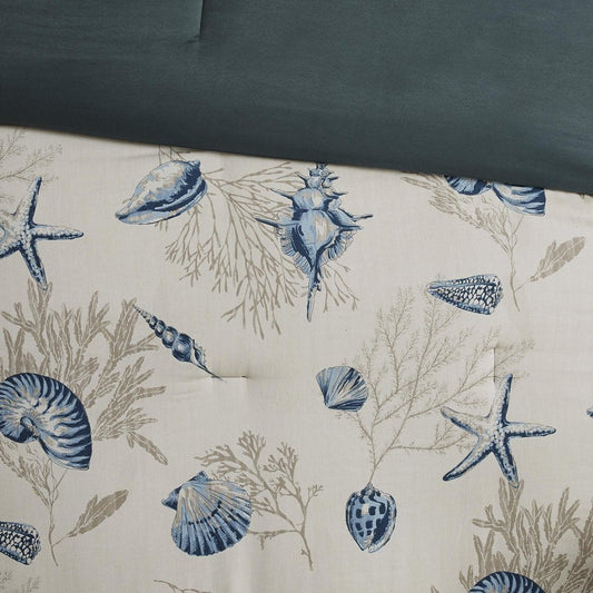 Set of Seven Blue And Ivory Queen Ring Stitch Sham And Comforter HomeRoots