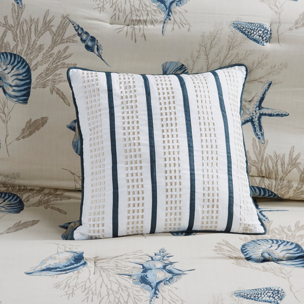 Set of Seven Blue And Ivory Queen Ring Stitch Sham And Comforter HomeRoots