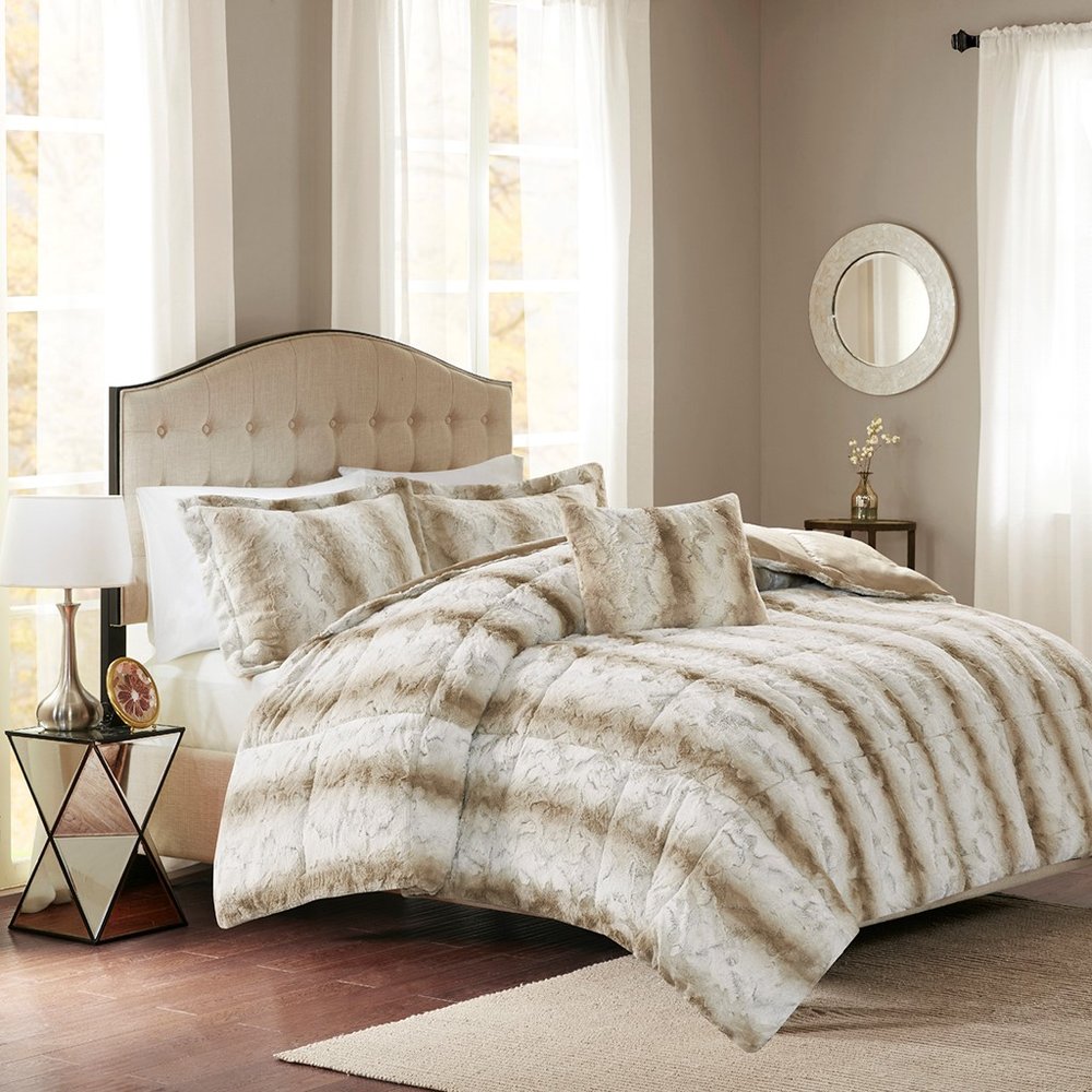 Set of Four Sand And Ivory Striped Queen Ring Stitch Polyester Sham And Comforter HomeRoots
