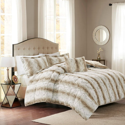 Set of Four Sand And Ivory Striped Queen Ring Stitch Polyester Sham And Comforter HomeRoots