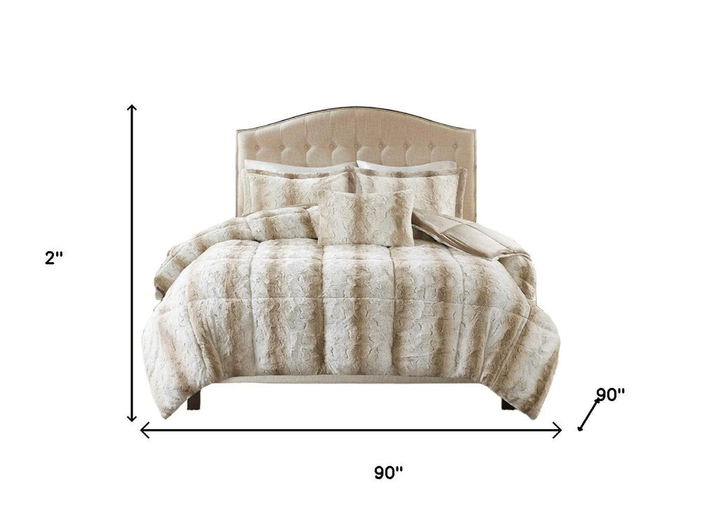 Set of Four Sand And Ivory Striped Queen Ring Stitch Polyester Sham And Comforter HomeRoots