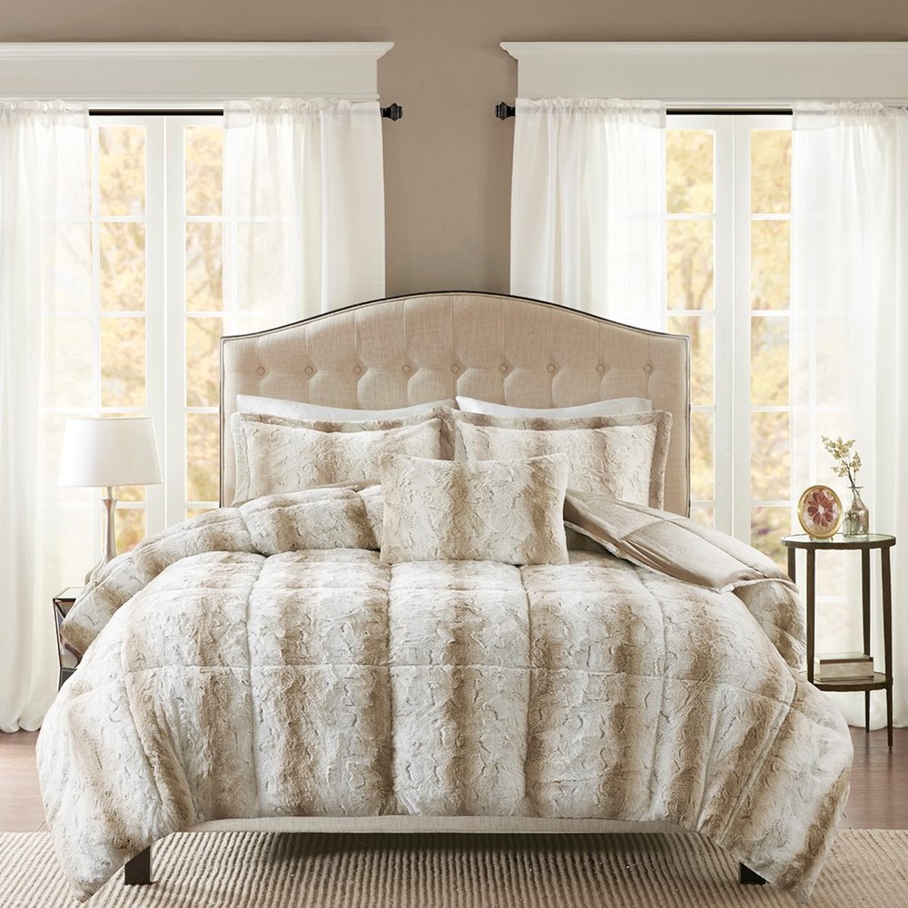 Set of Four Sand And Ivory Striped Queen Ring Stitch Polyester Sham And Comforter HomeRoots