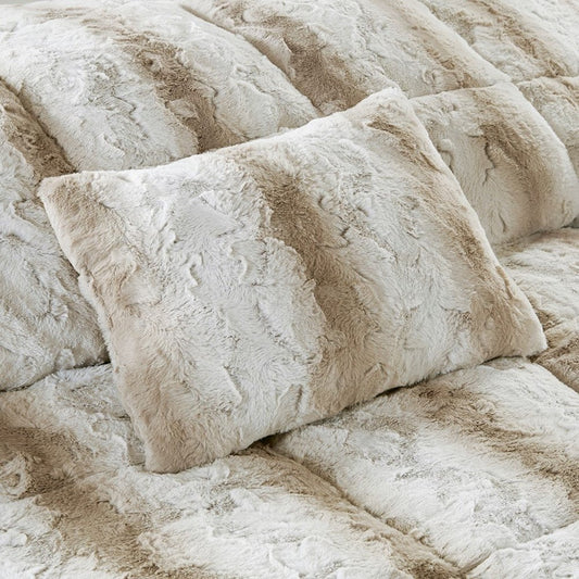 Set of Four Sand And Ivory Striped Queen Ring Stitch Polyester Sham And Comforter HomeRoots