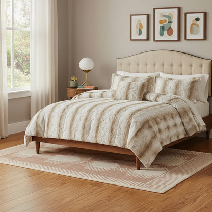 Set of Four Sand And Ivory Striped Queen Ring Stitch Polyester Sham And Comforter HomeRoots