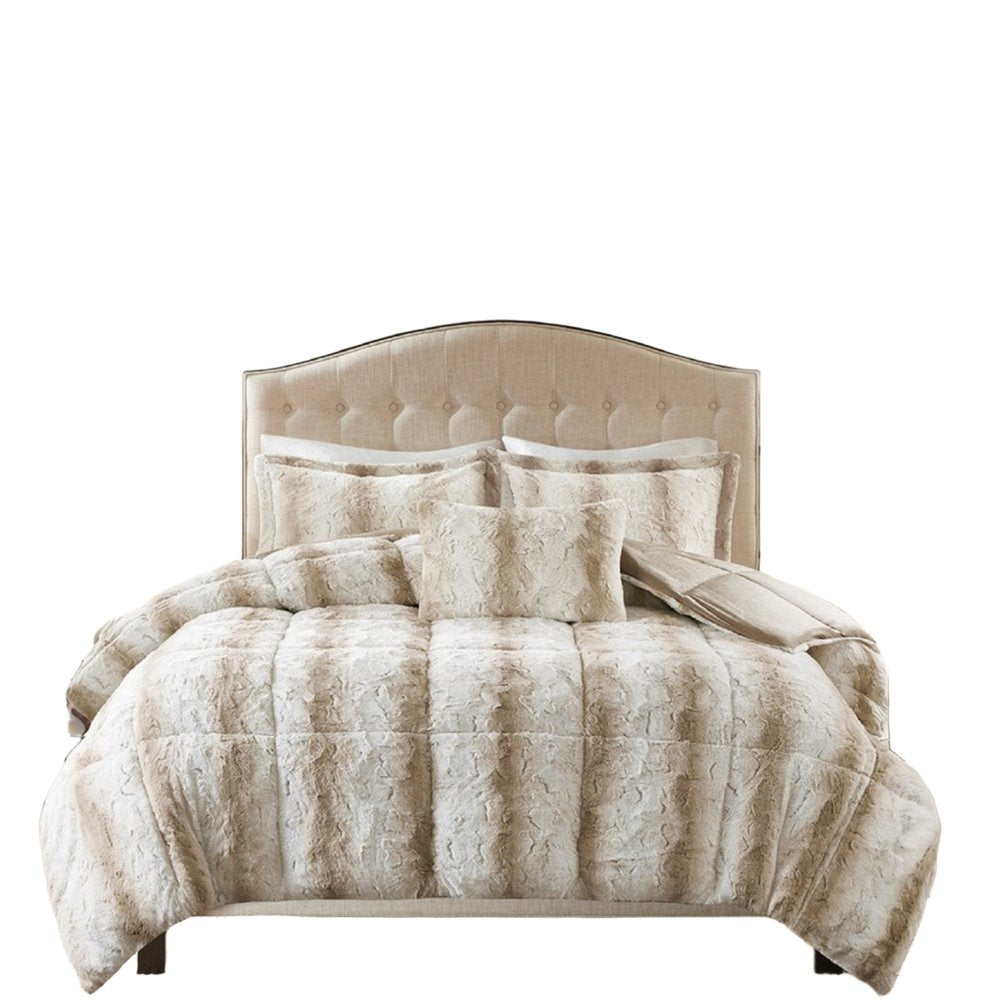 Set of Four Sand And Ivory Striped Queen Ring Stitch Polyester Sham And Comforter HomeRoots