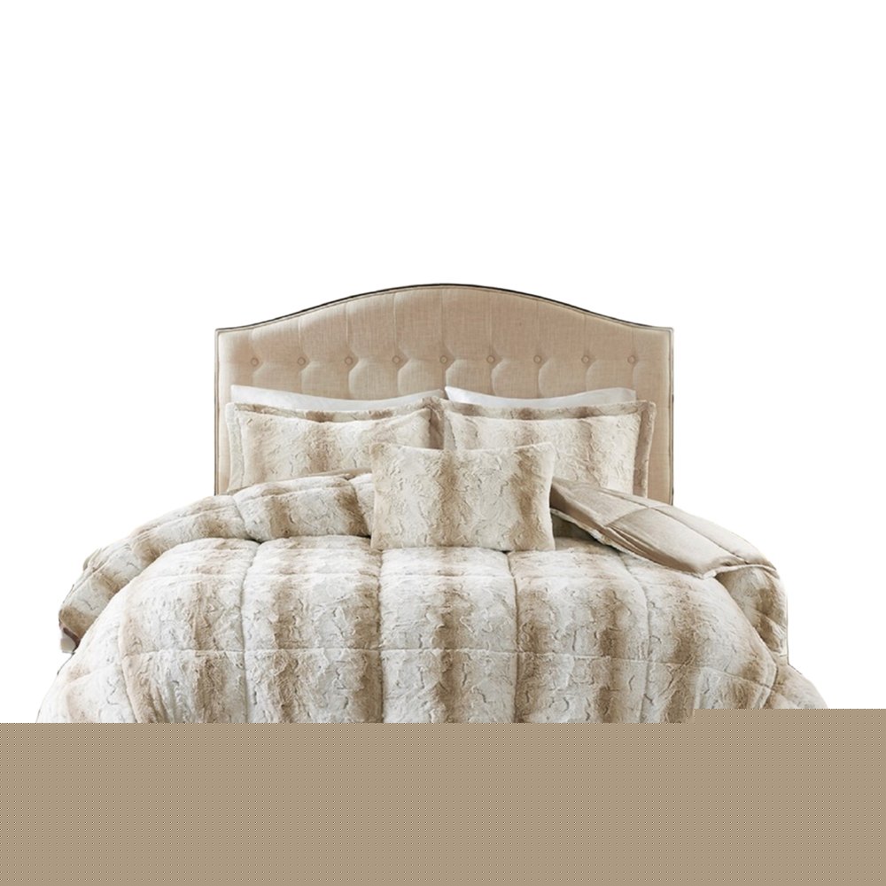 Set of Four Sand And Ivory Striped Queen Ring Stitch Polyester Sham And Comforter HomeRoots