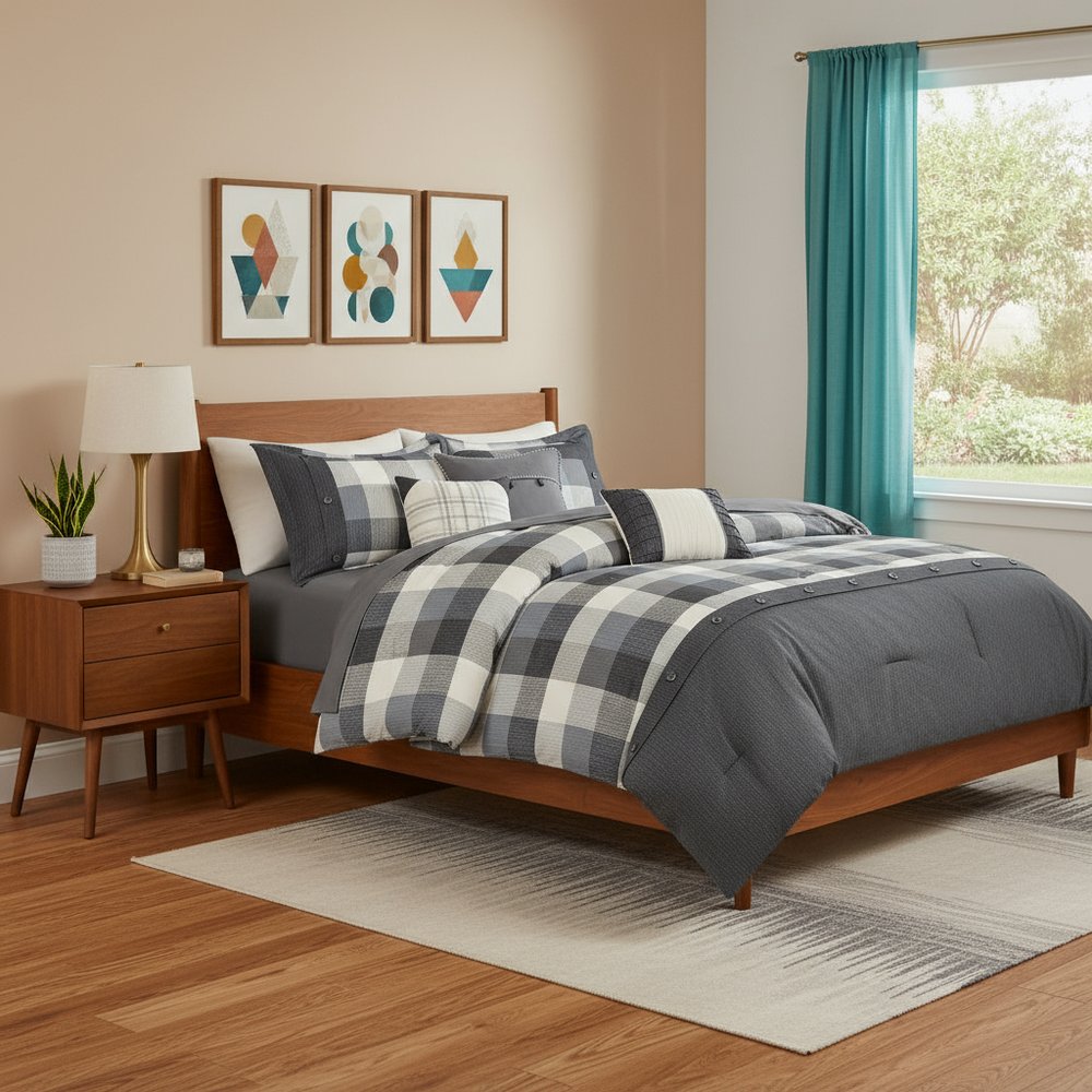 Set of Seven Gray And Ivory Plaid King Ring Stitch Polyester Sham And Comforter HomeRoots