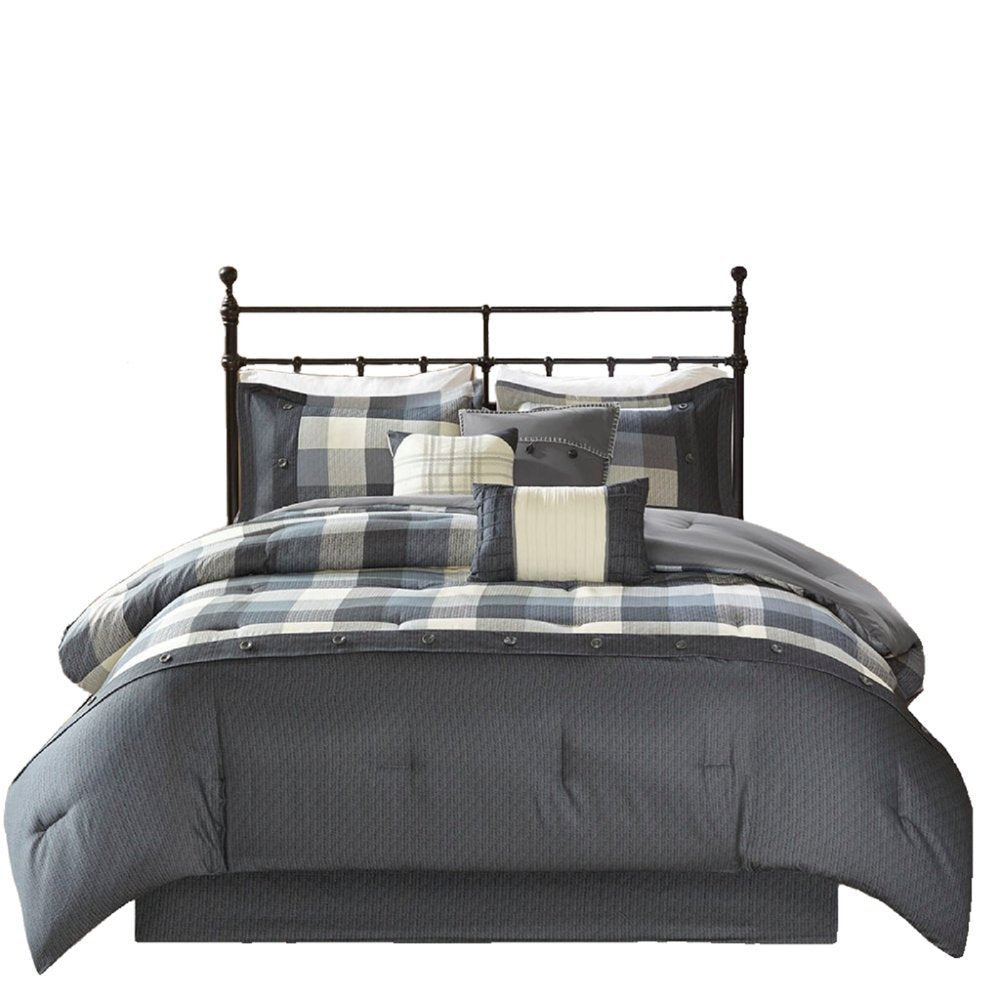 Set of Seven Gray And Ivory Plaid King Ring Stitch Polyester Sham And Comforter HomeRoots