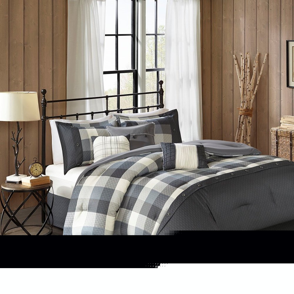 Set of Seven Gray And Ivory Plaid King Ring Stitch Polyester Sham And Comforter HomeRoots