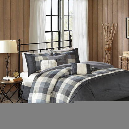 Set of Seven Gray And Ivory Plaid King Ring Stitch Polyester Sham And Comforter HomeRoots