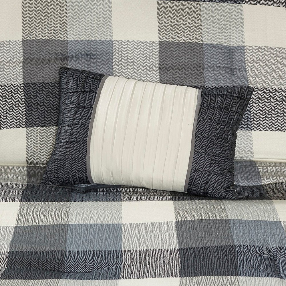 Set of Seven Gray And Ivory Plaid King Ring Stitch Polyester Sham And Comforter HomeRoots