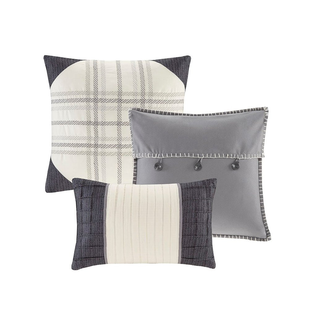 Set of Seven Gray And Ivory Plaid King Ring Stitch Polyester Sham And Comforter HomeRoots