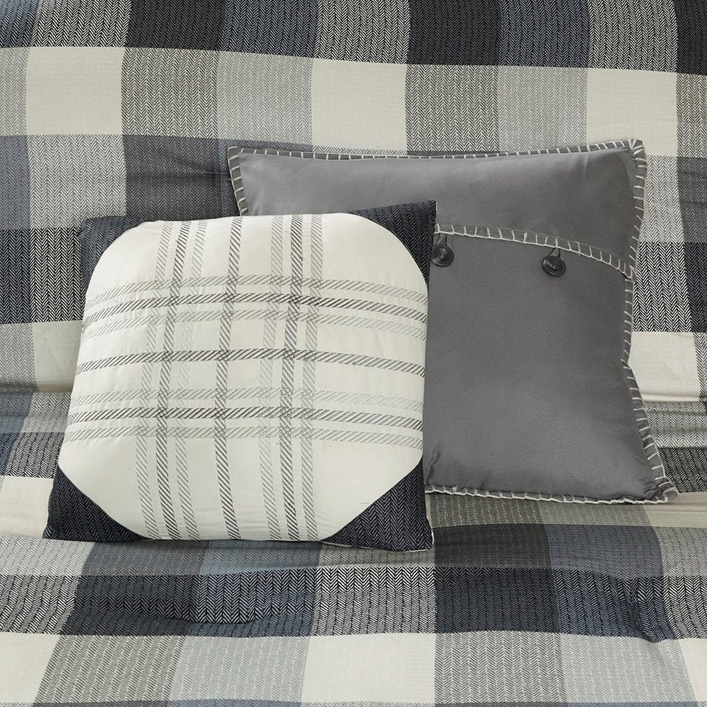 Set of Seven Gray And Ivory Plaid King Ring Stitch Polyester Sham And Comforter HomeRoots