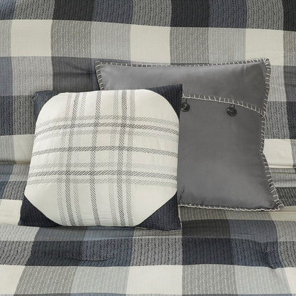 Set of Seven Gray And Ivory Plaid King Ring Stitch Polyester Sham And Comforter HomeRoots