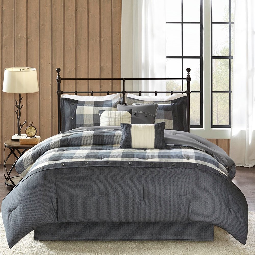 Set of Seven Gray And Ivory Plaid King Ring Stitch Polyester Sham And Comforter HomeRoots