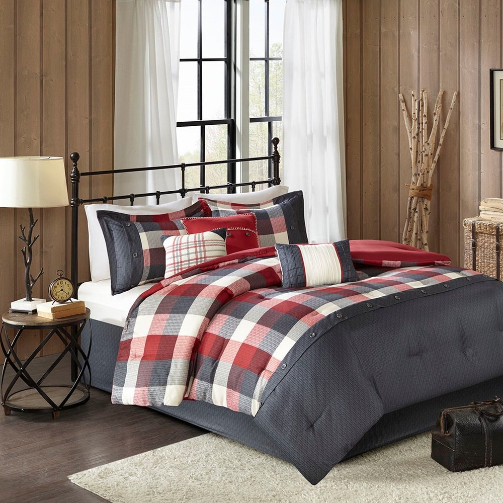 Set of Seven Red And Gray Plaid King Ring Stitch Polyester Sham And Comforter HomeRoots