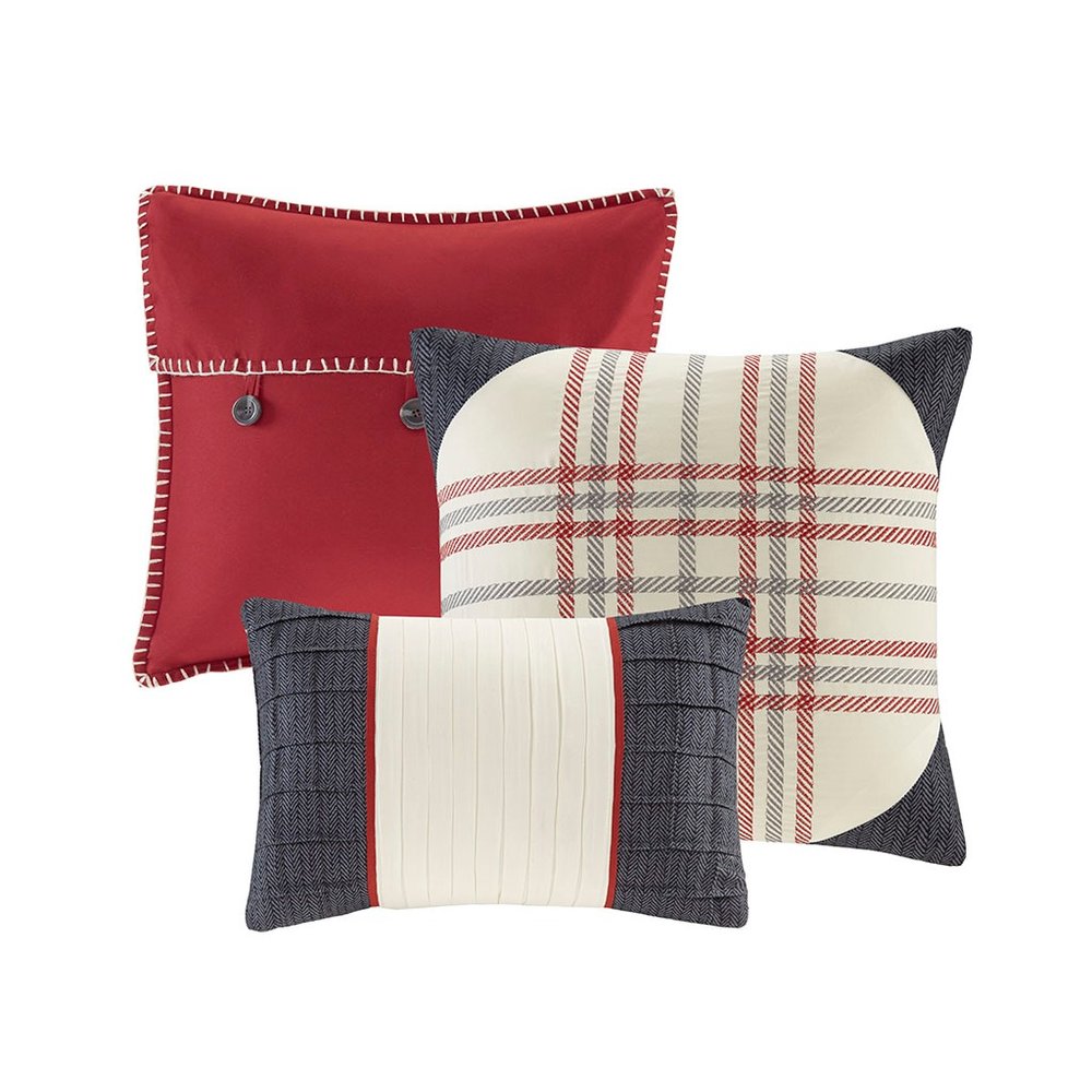 Set of Seven Red And Gray Plaid King Ring Stitch Polyester Sham And Comforter HomeRoots